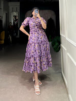 Load image into Gallery viewer, Purple Tabby Silk Dresses With Price Under 1500 . this Fabric Online Best Price and For Weddings Best Choise Price Under 1500 . Traditional Look For 2025-26 . Look stunning with this Tabby Silk frock featuring a printed design, adjustable chest, and comfortable micro cotton lining. Stitched and ready to wear .  
