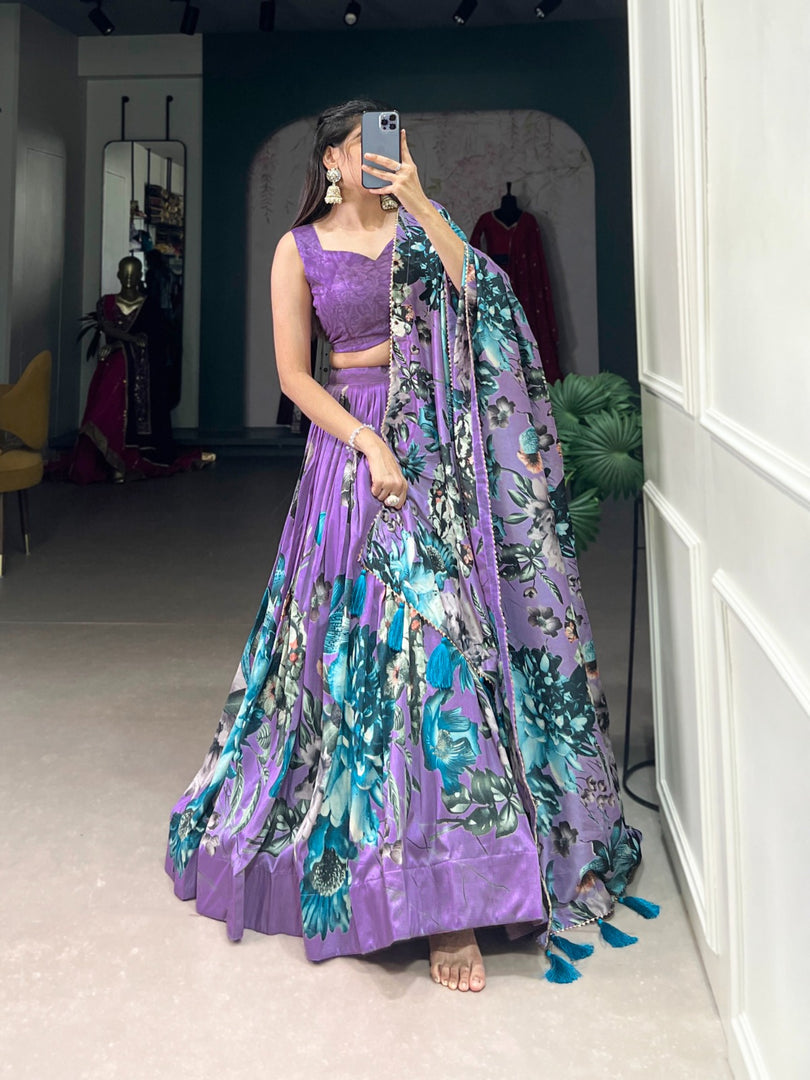 Purple Tussar Silk Dhavani Set | Langa Voni , Half-Saree and Davani Set With Price and Online Shopping Price Under 2000 . Step into elegance with this Tussar Silk Floral Print Lehenga Set. Complete with lace details, tassels, and a stunning dupatta, this outfit is perfect for weddings and special celebrations...