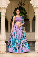 Load image into Gallery viewer, Purple Tussar Silk Dhavani Set | Langa Voni , Half-Saree and Davani Set With Price and Online Shopping Price Under 2000 . Step into elegance with this Tussar Silk Floral Print Lehenga Set. Complete with lace details, tassels, and a stunning dupatta, this outfit is perfect for weddings and special celebrations...
