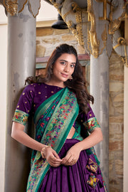 Ritisha Tussar Silk Dhavani Set features a stitched lehenga with foil-printed Tussar Silk fabric, 3.80-meter flair, and 42-inch adjustable waist. Includes unstitched 0.80-meter blouse piece and a 2.4-meter dupatta with foil work and Gotta Patti lace border with tassels.