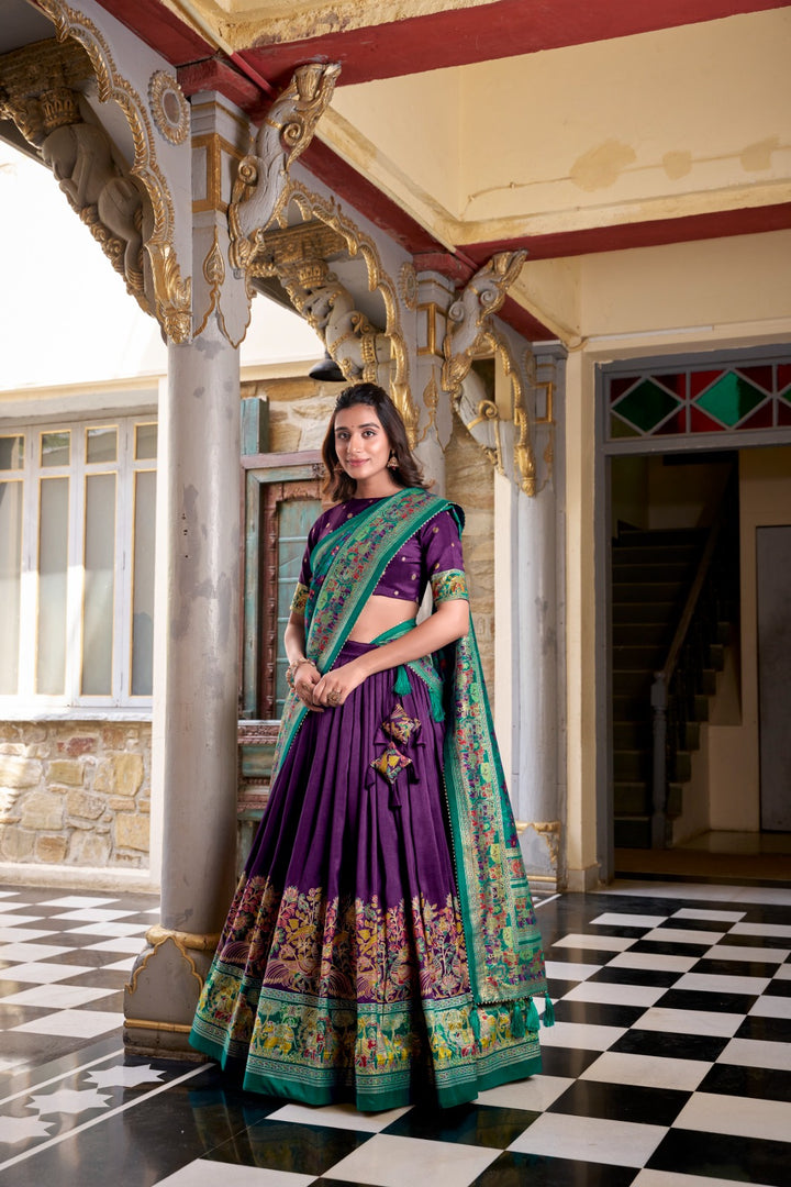 Traditional purple lehenga for wedding and haldi , Ethnic purple lehenga in luxurious tussar silk , Purple color festive lehenga with foil work , Stunning purple lehenga at budget-friendly price , Purple silk lehenga with embroidered dupatta border .