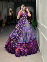 Load image into Gallery viewer, Purple Color Tussar Silk Dhavani Set, Langa Voni , Davani Set , Half-Sarees With Price and Online Best Shopping Price Under 2000. this Fabric Purple Color Tussar Silk Dhavani Foe Weddings Wear Collection and This Blouses Unstitched and  Printed Pichwai With Patola Print With Zari Weaving Border. This Fabric Tussar Silk Color Langa Davani Set Rich Zari Weaving Work Border . Traditional dhavani Set Woman Look 2025 , 2024 , 2026 . 
