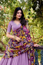 Load image into Gallery viewer, Purple Vichitra Silk Embroidered Lehenga , Designer Purple Lehenga with Kalamkari Border , Party Wear Purple Lehenga with Dupatta , Purple Lehenga with Sequins &amp; Thread Work .
