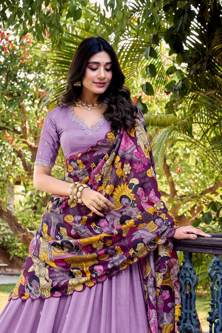 Purple Vichitra Silk Embroidered Lehenga , Designer Purple Lehenga with Kalamkari Border , Party Wear Purple Lehenga with Dupatta , Purple Lehenga with Sequins & Thread Work .