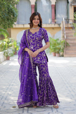 Load image into Gallery viewer, Purple Gharara Suit for Occasions , Viscose Georgette Kurti , Jacquard Kurti with Gharara , Designer Purple Kurti with Gharara , Royal Purple Ethnic Set for Women , Purple Jacquard Gharara Outfit . 
