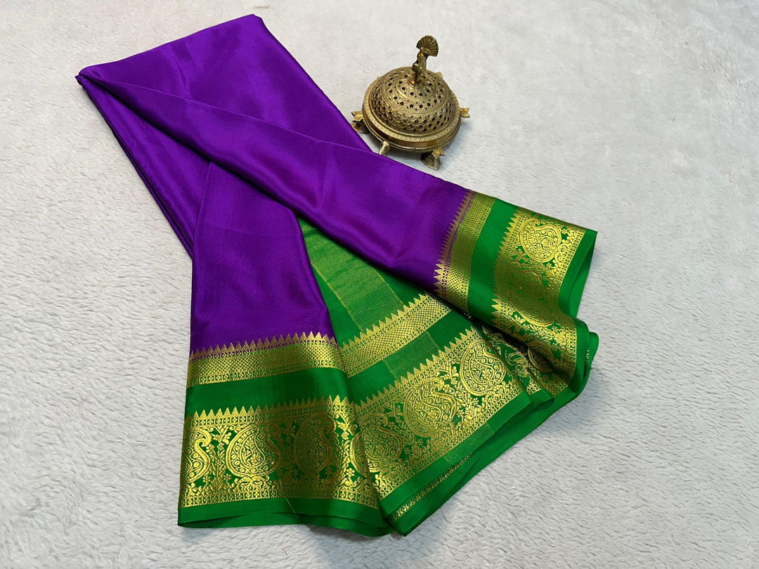Shop Purple Mysore Silk Saree Online , Royal Purple Saree with Zari Weaving , Bridal & Party Wear Purple Silk Saree . Traditional Purple Mysore Silk Saree and Latest Purple Mysore Silk Saree Collection . 