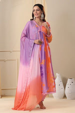 Load image into Gallery viewer, Fatema Muslin Anarkali features a digital shine print on soft muslin fabric. It has a V-neck, full sleeves, and a length of 52-55 inches. The set includes one gown and a dupatta, and it is machine washable for easy care.
