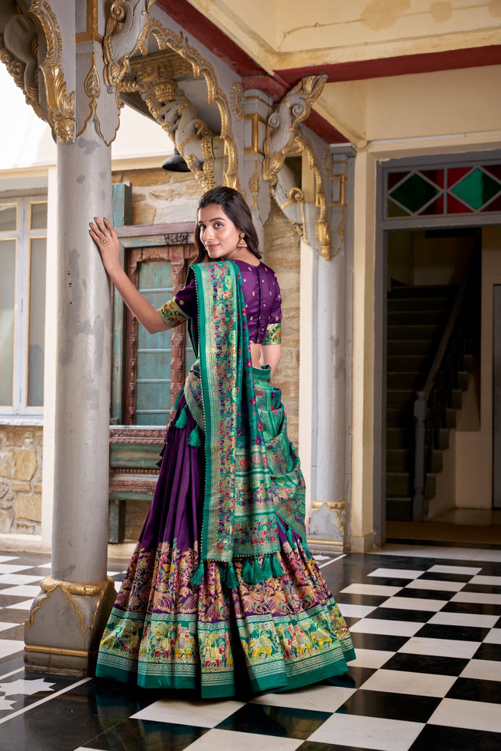 Royal purple tussar silk lehenga set for festive wear , Elegant purple lehenga choli with foil print and dupatta , Purple bridal-style lehenga under 1999 , Tussar silk purple lehenga . 