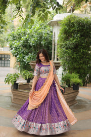 Purple Cosmos Jacquard Dhavani Set, Langa Voni , Half-Saree and Langa Voni With Price and Online Shopping Price Under 3000 . This Fabric Soft and Premium Fabric . This Purple Cosmos Jacquard Lehenga Meena Weaving This Lehenga Working Traditional Look For 2024-25 . This Lehenga Price Under 3000 .  