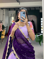 Stitched Lehenga with Cotton Silk fabric and Thread Embroidery Work, Georgette Dupatta with Sequins Embroidery Work Butties and Lase Border, and Unstitched Blouse with Cotton Silk fabric and Thread Embroidery and zari weaving work.
