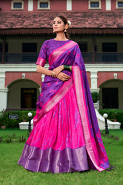 Grace your special occasions with the Purple Dola Silk Dhavani Set in premium Dola Silk fabric. Combining tradition and comfort, this lightweight half saree exudes elegance and is perfect for festivals and weddings.