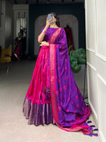Load image into Gallery viewer, Grace your special occasions with the Purple Dola Silk Dhavani Set in premium Dola Silk fabric. Combining tradition and comfort, this lightweight half saree exudes elegance and is perfect for festivals and weddings.

