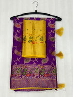 Load image into Gallery viewer, Purple Saree With Yellow Blouse Dola Silk Sarees With Price and This Fabric Dola Silk Sarees For Weddings Special Collcetion . This Saree Dola Silk Saree Purple Contract Yellow Blouse Fine This Collcetion and Gold Zari Weaving Work Saree . 
