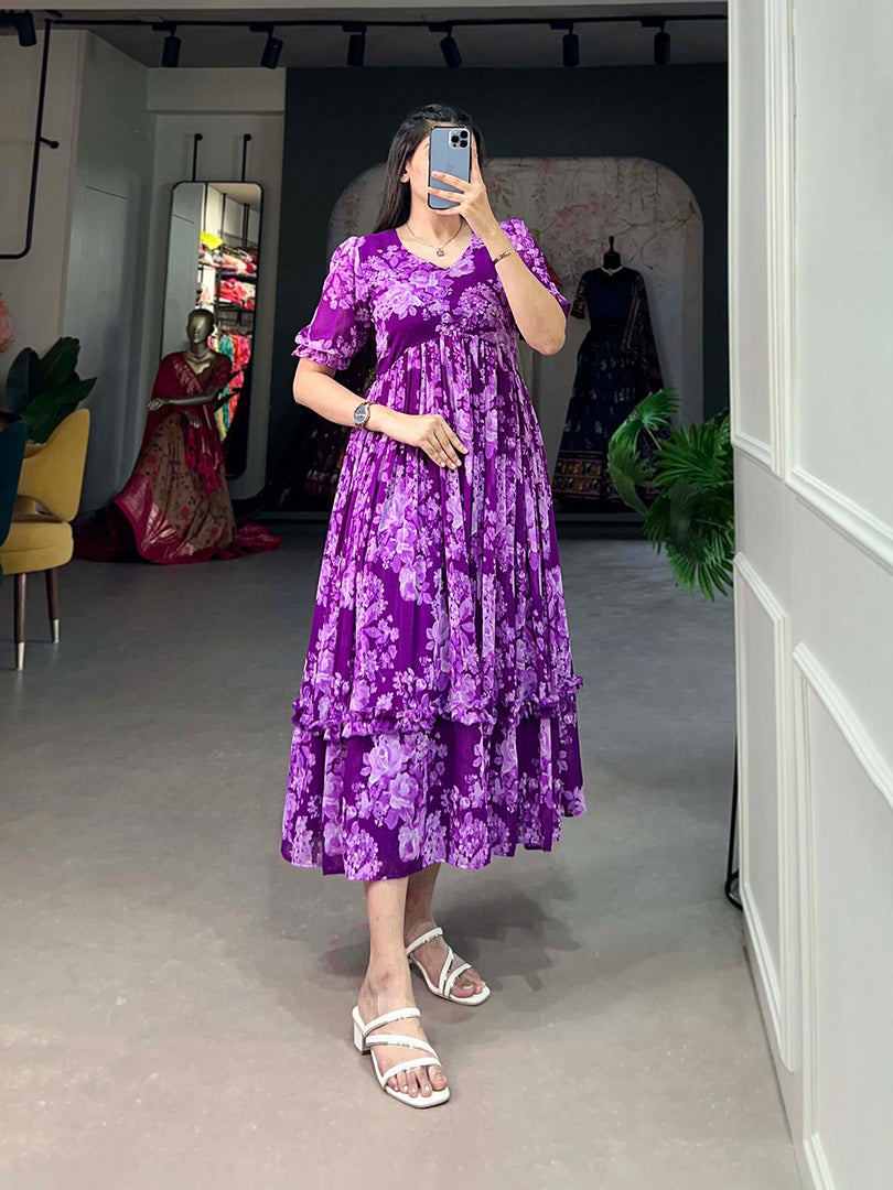 Purple Floral Print Georgette Dresses With Price and Online Shopping Price Under 1000 . this Fabric So Heavy and Premium . Discover this ready-to-wear Georgette frock featuring a beautiful floral print, adjustable chest fit, and 3.30-meter flair with micro cotton lining.