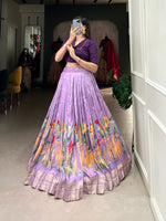 Load image into Gallery viewer, Purple Lehenga With Dark Purple Dola Silk With Banglory Fabric Dhavani Set , Langa Davani Price and Online Shopping Price Under 1500 . Discover the Ethereal Beauty of Purple Dola Silk Fabric Dhavani Set and Langa Voni . Feather-light, soft-textured, and exquisitely detailed, this fabric is perfect for modern weddings and festive wear. 
This Fabric Price and Online Shopping Price Under Price Rs.1500 . Traditional Look For 2024-25 , 2025-26 . 
