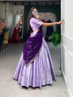 Load image into Gallery viewer, Purple Kanjivaram Cotton Dhavani Set , Langa Voni and Davani Set WIth Price and Online Shopping Price Under 2000 . Floral luxury with this Kanjivaram Cotton Lehenga Set. Stitched lehenga with can-can, micro cotton lining, unstitched blouse, and a tassel-adorned dupatta make it the perfect festive wear . 
