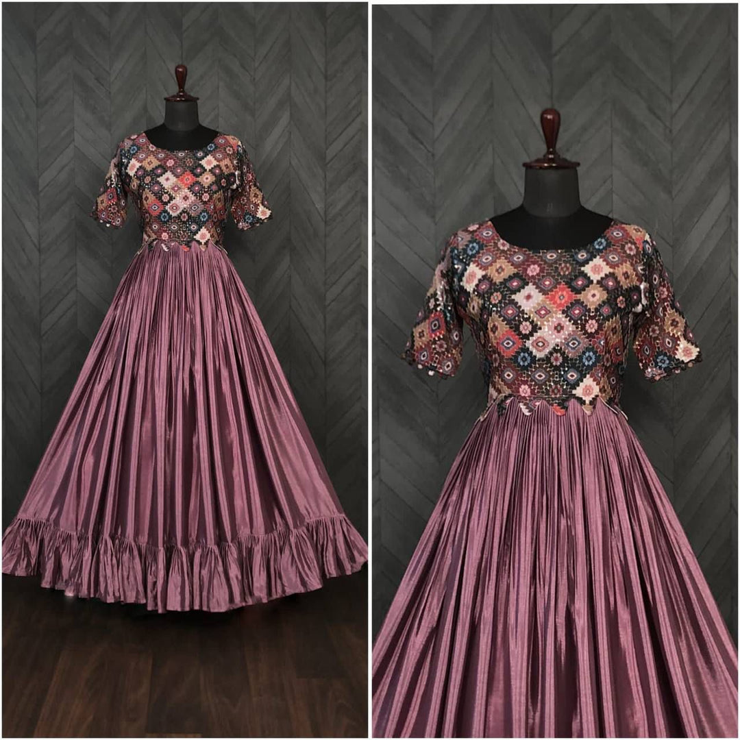 Gajari Color Chinnon Fabric With Sequins and Print Work Gowns Price and Online Shopping Price Under 1500 .  