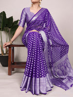 Load image into Gallery viewer, Purple nylon georgette saree , Designer purple saree with zari work , Purple saree for wedding ,
Festive purple saree online , Elegant purple ethnic wear , Purple georgette saree with border , Party wear purple saree , Zari woven purple saree , Purple saree for women , Traditional purple silk look saree , Lightweight purple saree , 
Purple saree for haldi &amp; mehendi , 
Bridal purple saree collection , Purple saree with designer blouse , 
Latest purple saree designs . 
