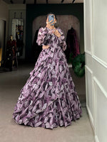 Load image into Gallery viewer, Purple Or WIne Color Tabby Silk Half-Saree , Davani Set , Half-Saree and Dhavani Set Price and Online Shopping Price Under 2500 , this Fabric Wine Color Wedding Wear Best Choise For Price Under 2500 , this fabric Lehenga , Blouse and Dupatta Fabric Tabby Silk and Work  Printed Work and Hotfix, Traditional Look For 2025-26 . 
