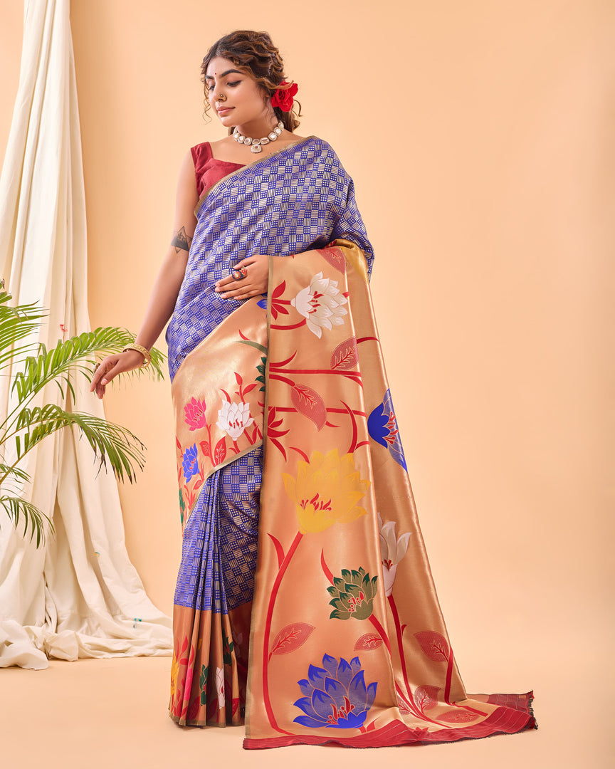Purple Pure Paithani Silk Weaving Saree For Weddings Best Price and Online Shopping Price Under 2000. this Saree Rich and Premium Border Zari Weaving Work Heavy Paithani Weaving Work and Red Blouse With Purple Saree Paithani Weaving . This Traditional Woman Look For 2024-25 , 2025-26 . 