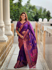 This Purple Soft Paithani Silk Sarees With Price and Online Shopping Price  Under 2000 . THis Fabric Soft Paithani Silk Saree Rich Pallu and Gold Zai Weaving Work and Rajvadi Pattern and Jumka Collection.