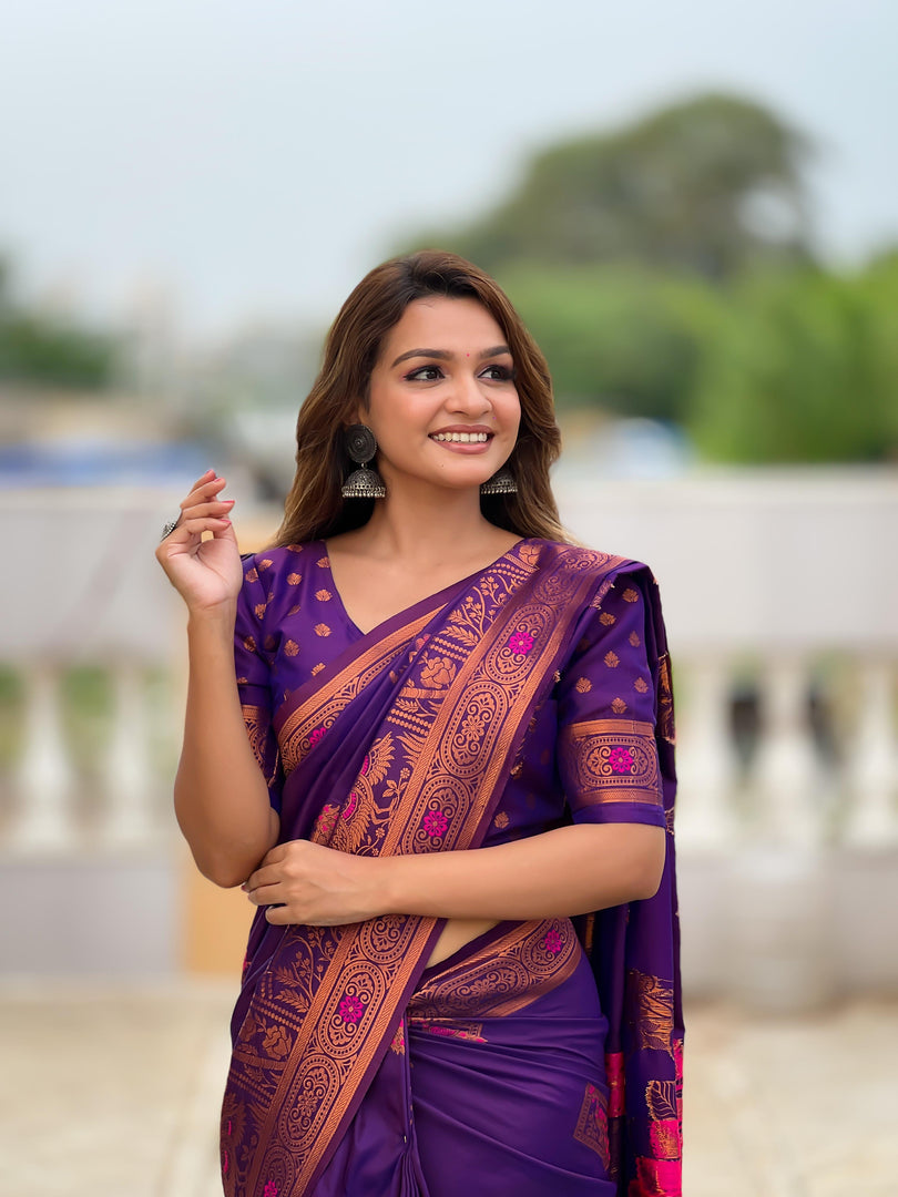 Purple Soft Paithani Silk Sarees With Price and Online Shopping Price Under 2000 . This Fabric Soft Paithani Silk Saree Mainly First manufacturing in Maharashtra. Traditional look , Celebration and Party Wear Collection.