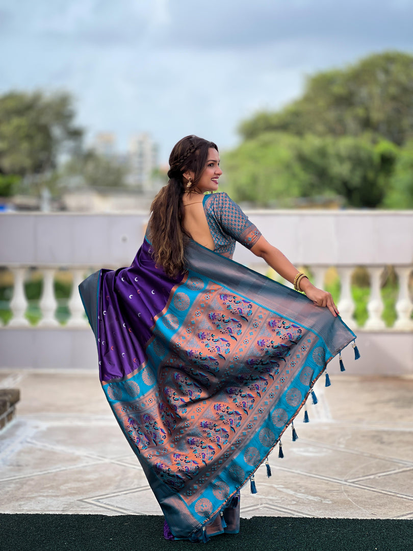 Purple Soft Paithani Silk Sarees With Price and Online Shopping Price Under 2000 . This Fabric Smooth and Softness . This Fabric Soft Paithani Silk Saree Rich Pallu and Most Famous Design and Jumka Traditional 2024-25 . 