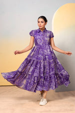 Load image into Gallery viewer, Purple Tabby Silk Dresses With Price Under 1500 . this Fabric Online Best Price and For Weddings Best Choise Price UNder 1500 . Traditional Look For 2025-26 . Look stunning with this Tabby Silk frock featuring a printed design, adjustable chest, and comfortable micro cotton lining. Stitched and ready to wear .  
