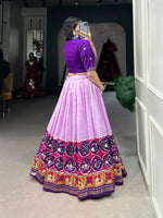 Load image into Gallery viewer, Stitched Tussar Silk Purple Dhavani featuring Bandhej and Patola print with foil detailing. Includes lehenga  with can-can and 3.80m flair, plus a mirror-worked Pure Cotton blouse . Complete set with all accessories.


