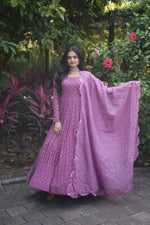 Load image into Gallery viewer, Purple Color Faux Georgette Anarkali With Price and Online Shopping Price Under 2000 . Experience luxury with this full-stitched Anarkali gown. Made of faux georgette with thread embroidery and paired with a 2.3-meter Russian silk dupatta . 
