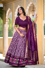 Load image into Gallery viewer, Purple Color Heavy Tussar silk Dhavani Set | Davani Set Price , Purple ethnic lehenga choli set with zari border dupatta , Vibrant purple lehenga for weddings and traditional gatherings , Designer purple silk lehenga with festive foil accents . 

