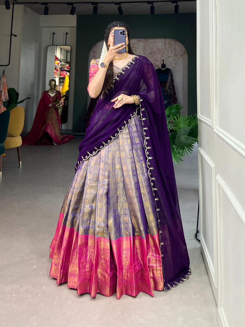 Pre-stitched Kanjivaram lehenga with zari weaving (42" waist). Complete set includes matching Kanjivaram blouse fabric and sequined georgette dupatta. Features drawstring closure and micro cotton inner lining.