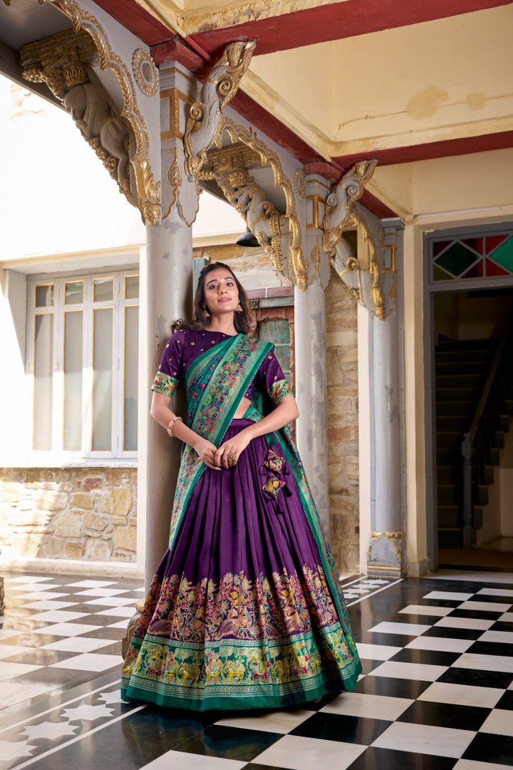 Purple lehenga with gotta patti dupatta – party perfect Dhavani Set , Affordable purple lehenga with rich traditional touch , Designer purple foil printed lehenga for women , Purple lehenga with matching blouse and dupatta combo , Purple lehenga with canvas stitching for elegant look . 