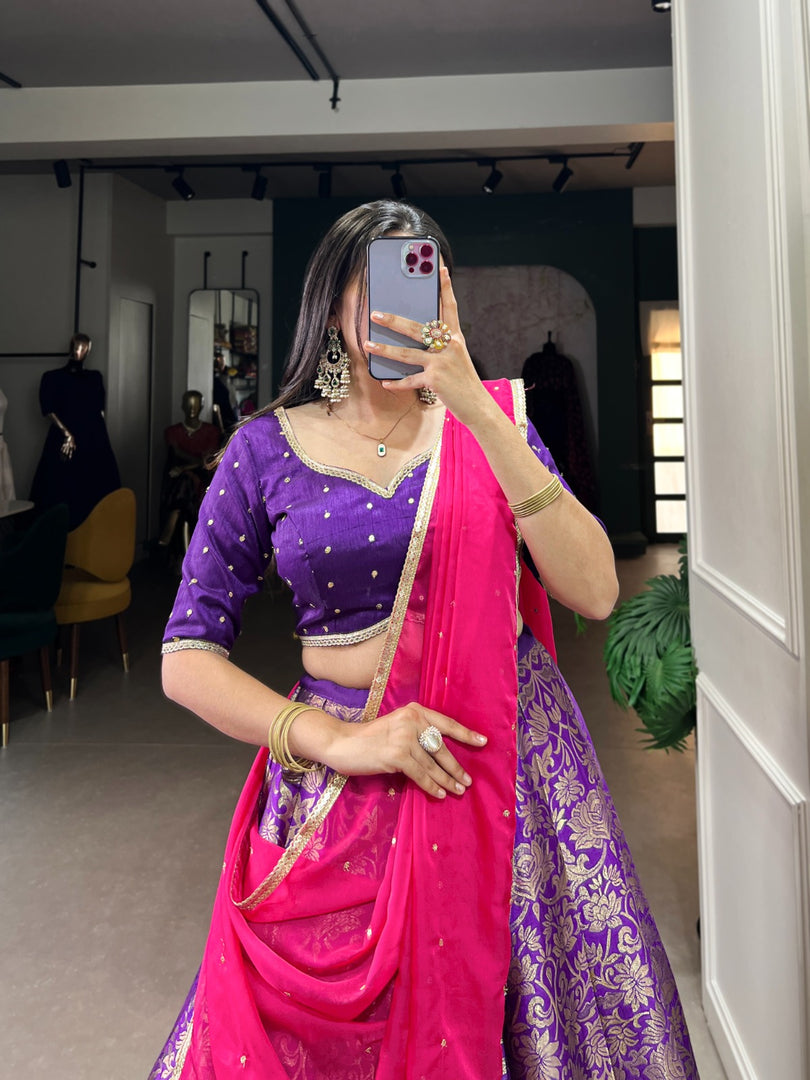 Purple Color Jacquard Silk Dhavani Set , Langa Voni , Half-Saree and DavanI Set Saree Price and Online Shopping Price 2000 , Buy Dhavani Set Online , Traditional Half-Sarees for Women and Elegant Silk Dhavani Set - Traditional South Indian Attire for Women , Traditional Look For 2025-26 .