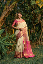 Load image into Gallery viewer, Original Creame Kanchipuram Handloom Pattu Weaving Silk Saree Price Of Under 1999 . Kanchipuram Handloom Pattu Weaving Silk Saree   Thee Saree Most Famous and Popular Saree In Shoppers Trend ..
