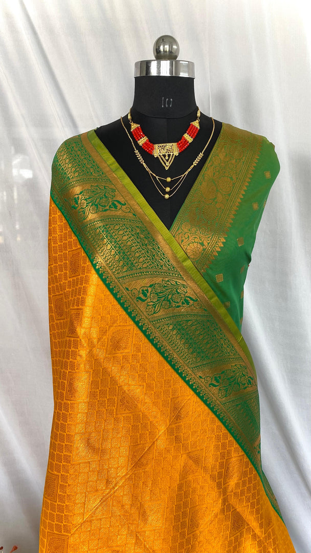 Yellow Soft Silk Sarees  Kanchipuram Weaving Sarees With Price and Online Shopping Price Under 2500 . Elegant yellow soft silk saree with intricate Kanchipuram weaving. Includes a matching blouse piece. Ideal for festive and traditional events.