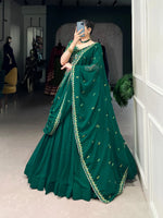 Load image into Gallery viewer, Rama color georgette lehenga set , Embroidered rama lehenga with dupatta , Rama green lehenga for weddings , Thread work rama lehenga choli , Designer lehenga in rama color , Festive wear rama georgette lehenga , Rama color lehenga with embroidery belt , 
Traditional rama color bridal lehenga . 
