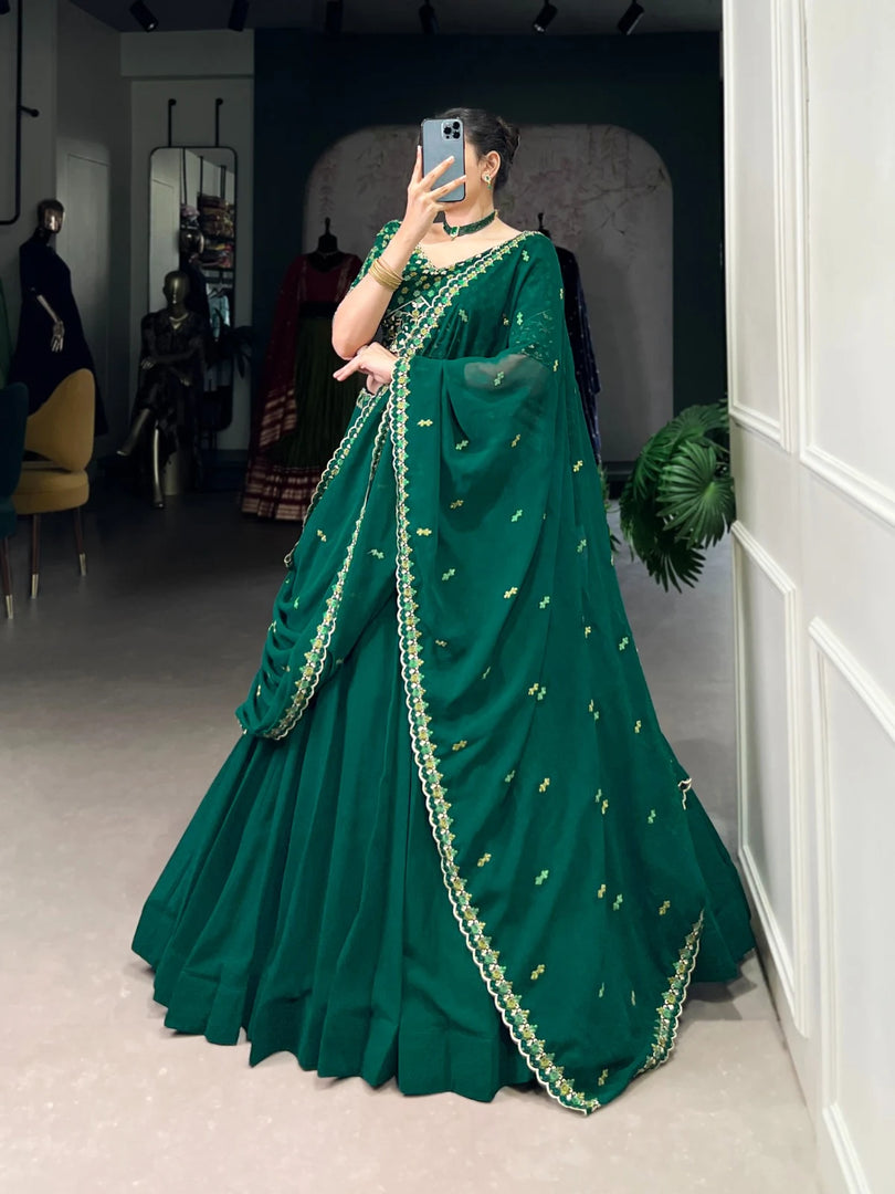 Rama color georgette lehenga set , Embroidered rama lehenga with dupatta , Rama green lehenga for weddings , Thread work rama lehenga choli , Designer lehenga in rama color , Festive wear rama georgette lehenga , Rama color lehenga with embroidery belt , 
Traditional rama color bridal lehenga . 