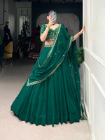 Load image into Gallery viewer, Rama Color Georgette fabric With Thread Embroidery Work Dhavani Set | Langa Voni | Davani Set  Price Under 2999 . this Rama Color Lehenga Fully Stitched and Blouse Thread Embroidery Work Unstitched  and Dupatta Work Thread Embroidery Work , Rama Color DhavanI Set | Half-Saree....

