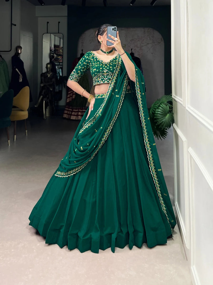 This set includes a stitched Georgette Lehenga with thread embroidery work . It also comes with a stitched blouse made of Georgette fabric with thread embroidery work ,  Georgette Dupatta, measuring 2.40 meters in length, also features thread embroidery work. Along with a drawstring and zip closure, this package contains everything you need for a complete look.
