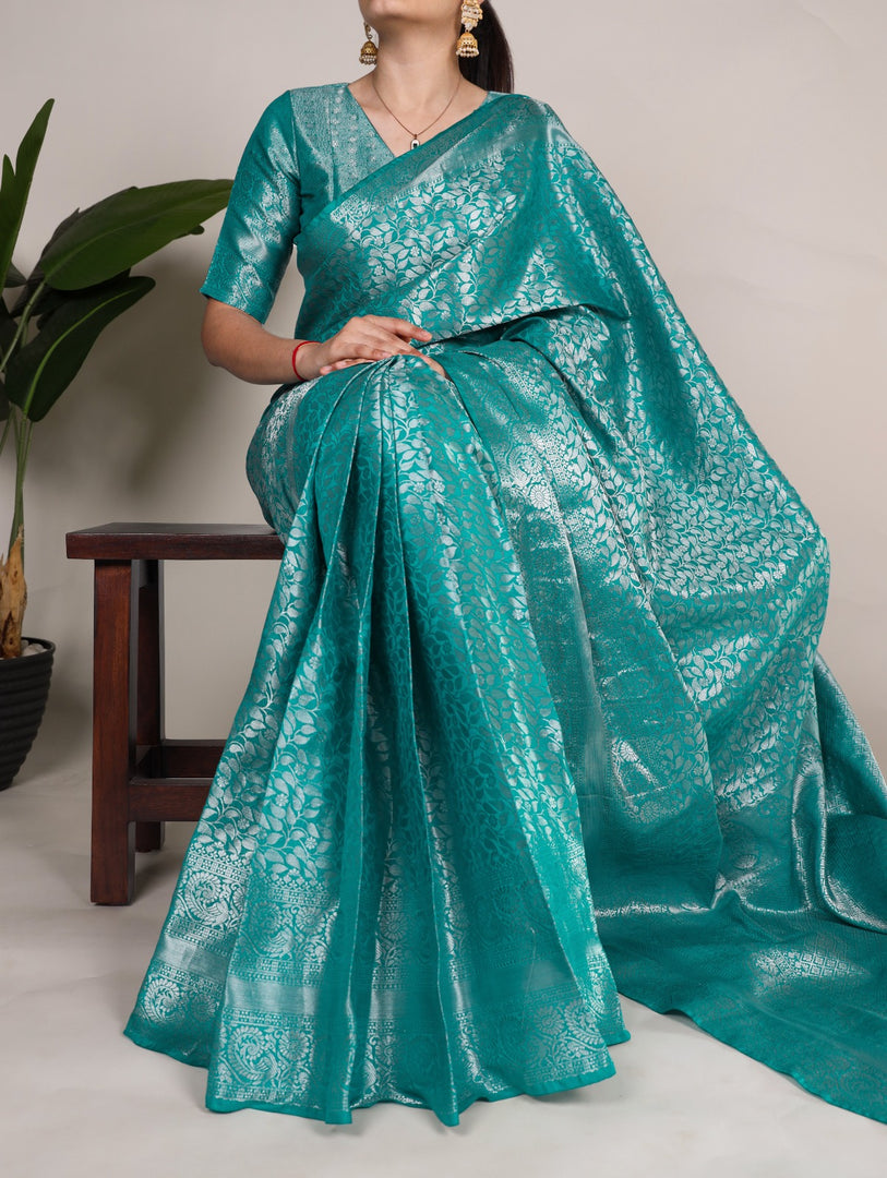 Rama Or Dark Sky Kanjivaram sarees price and Online shopping price Under 1500 . this fabric smooth and very softness and this fabric Rama Or Dark Sky Kanjivaram saree with this price under 1500 .  This Fabric Rama Color Kanjivaram Saree For Weddings Best Wear Collection 2025-26 . 