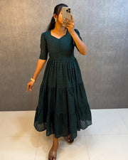 Trendy rama color cotton Hakoba layered mini gown , Exclusive rama green gown with stylish rope and pocket , Rama shade 3-layer gown in premium Hakoba cotton , Flowy rama green gown with elegant embroidery touch.