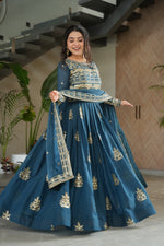Load image into Gallery viewer, Embellished Rama Chinon Anarkali (56&quot;) with sequins, beads, cotton lining, and fancy neckline. Includes matching 2.3m dupatta with embroidered border. Perfect for weddings.
