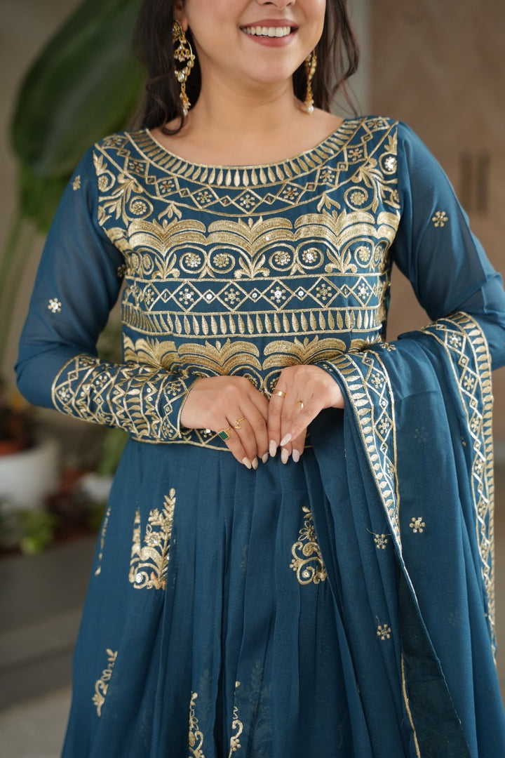 Festive special Rama green silk lehenga with blouse , Trending Rama color gown for receptions and haldi ceremonies , Rama color ethnic wear with heavy embroidery and lace , Glamorous Rama gown for wedding guests and bridesmaids . 