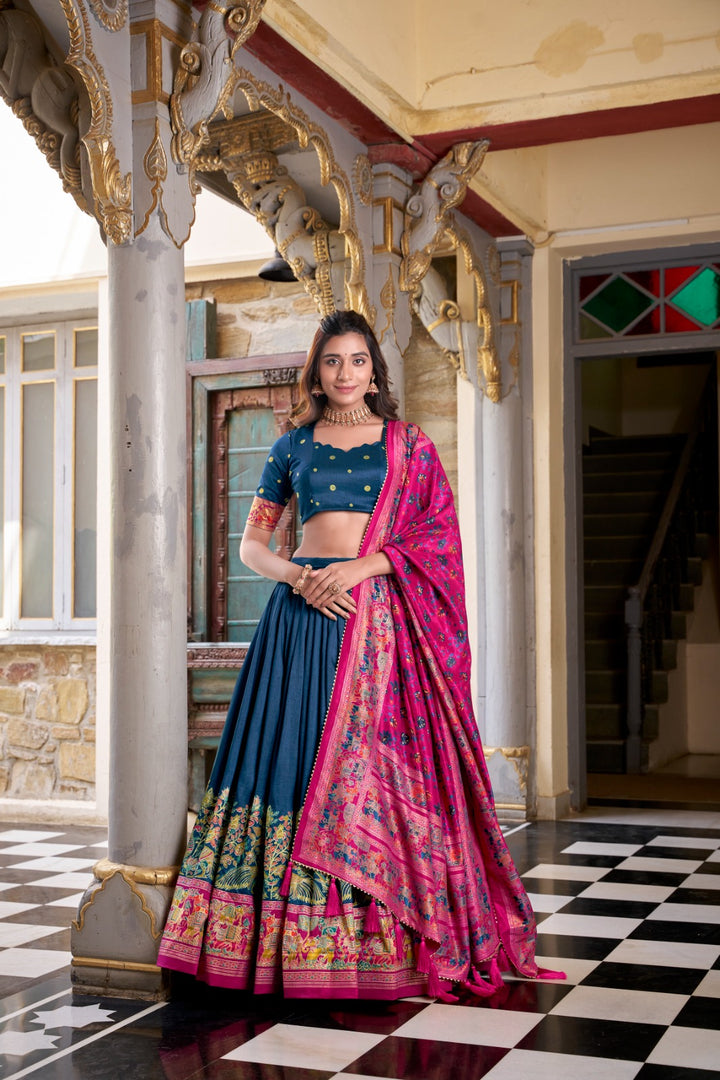 Tussar silk rama lehenga with zari foil print , Elegant rama green lehenga for bridesmaids , Fully stitched rama lehenga with micro cotton inner , Graceful rama silk lehenga for festive styling , Designer rama color lehenga at affordable price . 