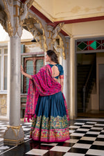 Load image into Gallery viewer, Rama Color Premium Tussar Silk Dhavani Set includes stitched lehenga (42&quot; waist, foil print), unstitched blouse (0.8m), and decorated dupatta (2.4m) with Gotta Patti border. Complete traditional ensemble with quality craftsmanship.
