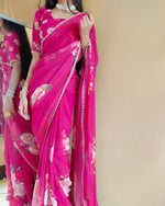 Load image into Gallery viewer, Rani Color Elegant georgette saree featuring zari weaving, 6.3m length. Includes matching blouse piece. Machine washable. Model shown wears size S. 

