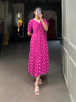 Load image into Gallery viewer, Rani Color Polka Dot Print Georgette Dresses With Price and Online Shopping Price Under 1000 . This Fabric Polka Dot Print and Rani Color Discover style with this Georgette stitched frock featuring a Polka Dot Print, 48-inch length, and adjustable chest fit for extra comfort. Perfect for casual and festive occasions . 
