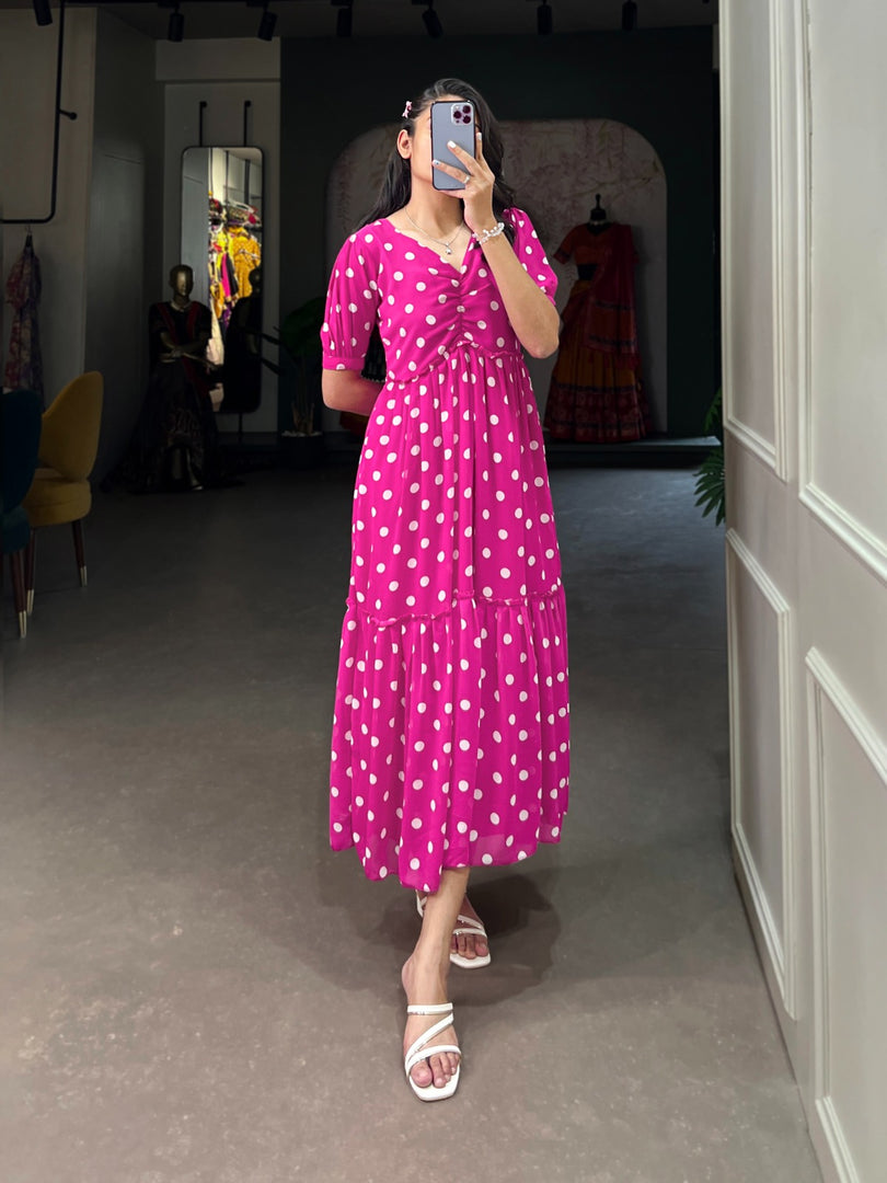 Rani Color Polka Dot Print Georgette Dresses With Price and Online Shopping Price Under 1000 . This Fabric Polka Dot Print and Rani Color Discover style with this Georgette stitched frock featuring a Polka Dot Print, 48-inch length, and adjustable chest fit for extra comfort. Perfect for casual and festive occasions . 