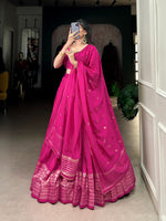 Load image into Gallery viewer, Rani Color Pure Chanderi  Dhavani Set , Langa Voni and Half-Saree With Price and Online Shopping Price Under 2000 . Flaunt elegance with this Pure Chanderi  Plain With Zari Weaving Work Border Lehenga Set. Complete with zari weaving, stitched canvas lehenga, a Pure Chanderi blouse, and a lace-adorned dupatta, this outfit is perfect for festive occasions . Traditional Look For 2024-25 , 2025-26 . 
